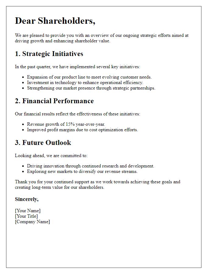 Letter template of shareholder overview on ongoing strategic efforts.