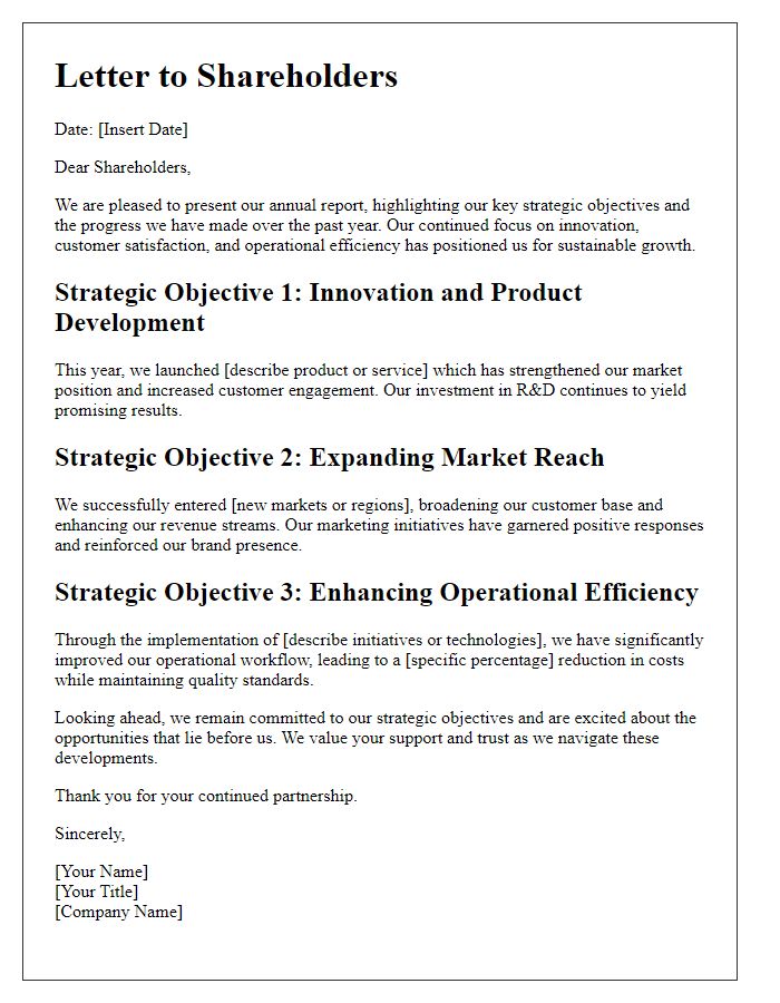 Letter template of shareholder report on key strategic objectives.