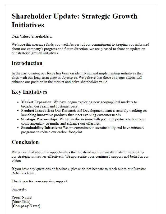 Letter template of shareholder update regarding strategic growth initiatives.