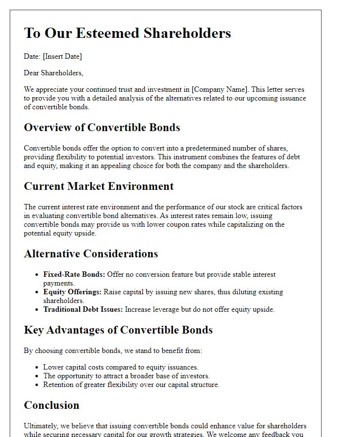 Letter template of analysis for shareholders evaluating convertible bond alternatives.