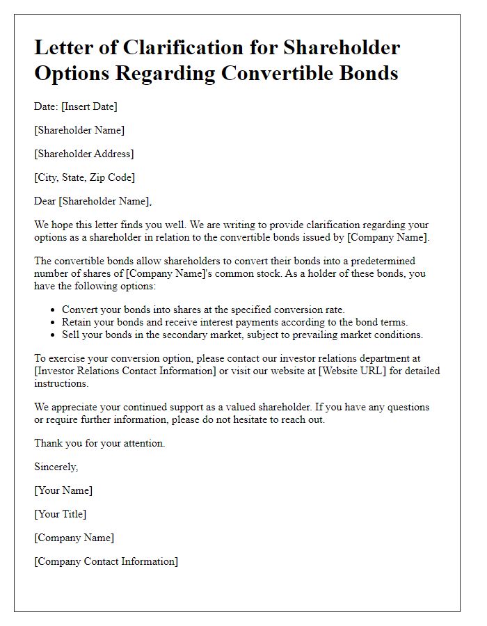 Letter template of clarification for shareholder options regarding convertible bonds.