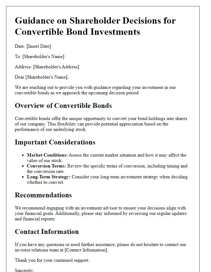 Letter template of guidance on shareholder decisions for convertible bond investments.