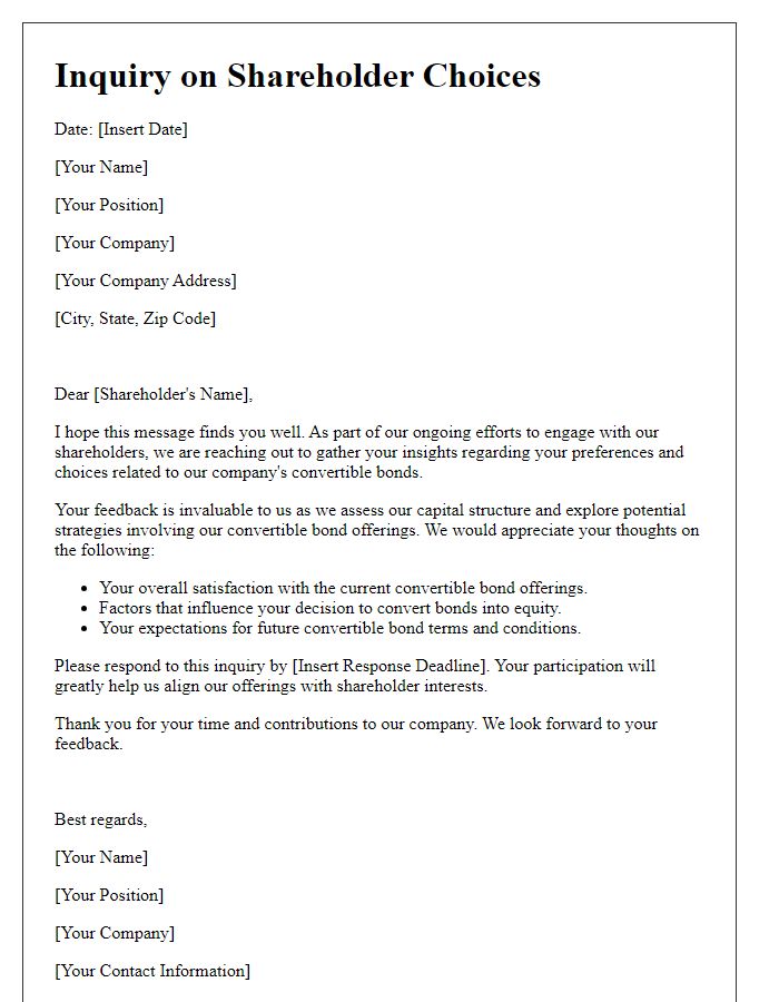 Letter template of inquiry on shareholder choices related to convertible bonds.