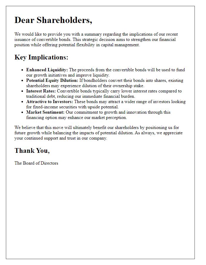 Letter template of summary for shareholders about the implications of convertible bonds.