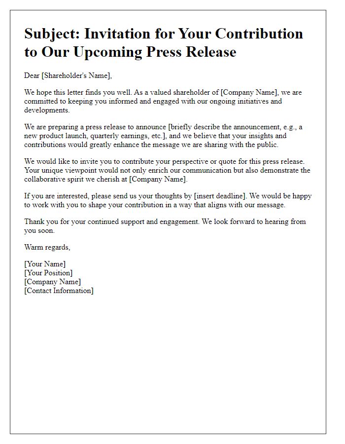 Letter template of engaging shareholders for press release contribution