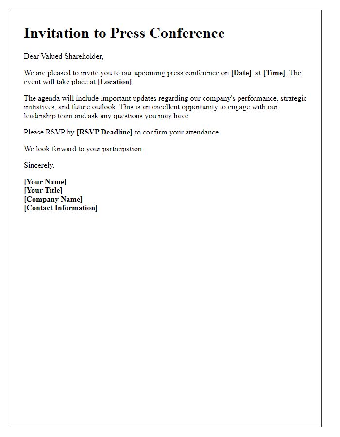 Letter template of invitation to shareholders for an upcoming press conference