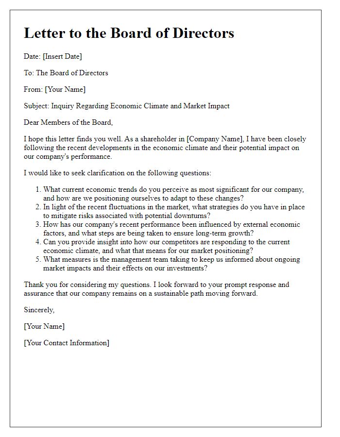 Letter template of shareholder questions about economic climate and market impact