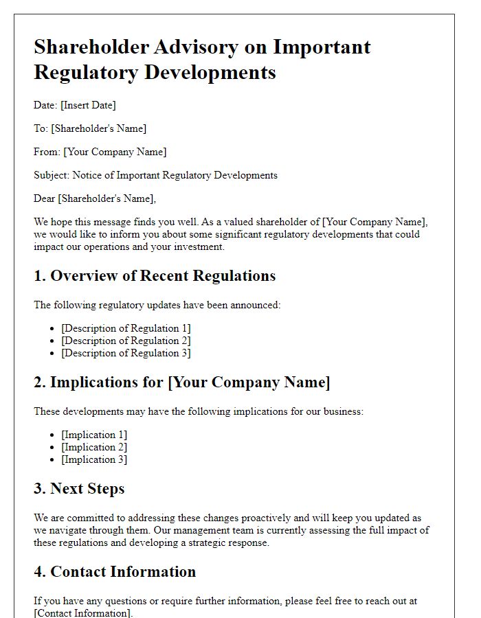 Letter template of shareholder advisory on important regulatory developments.