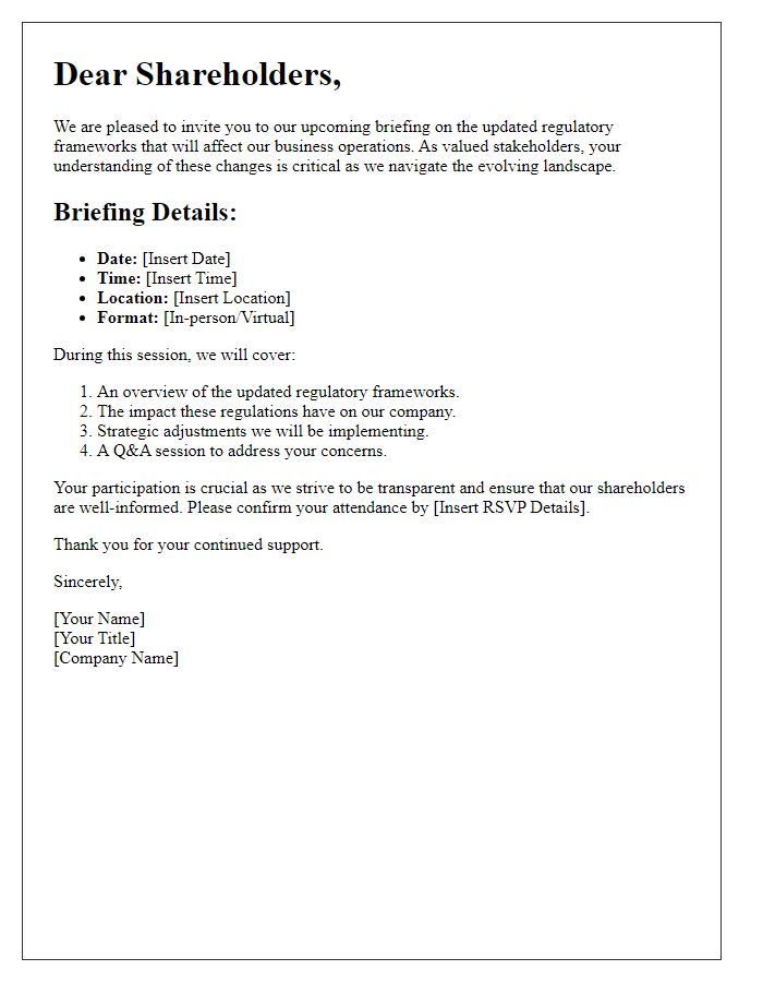 Letter template of shareholder briefing on updated regulatory frameworks.