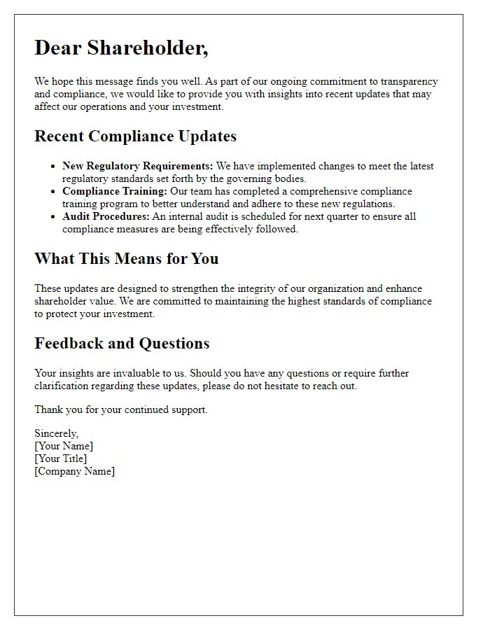 Letter template of shareholder insight into recent compliance updates.