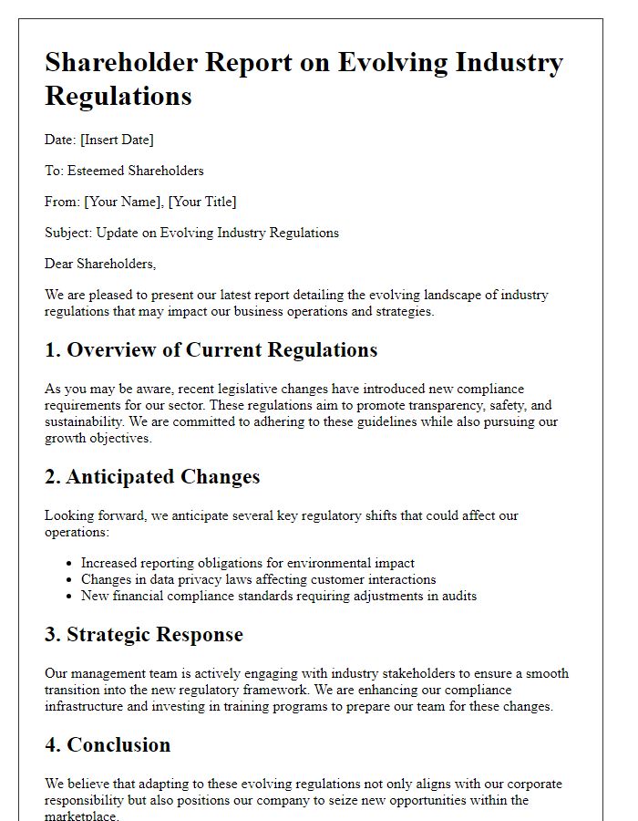 Letter template of shareholder report on evolving industry regulations.