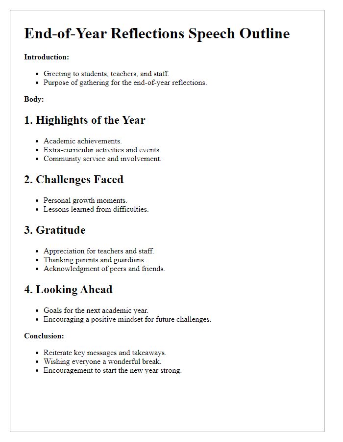 Letter template of school assembly speech outline for end-of-year reflections