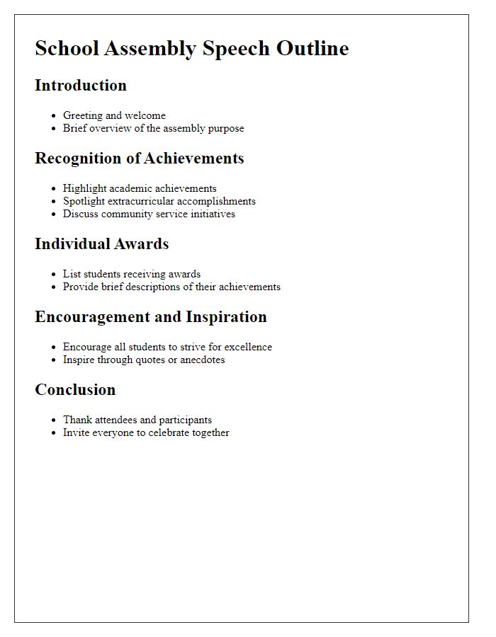 Letter template of school assembly speech outline for showcasing student achievements