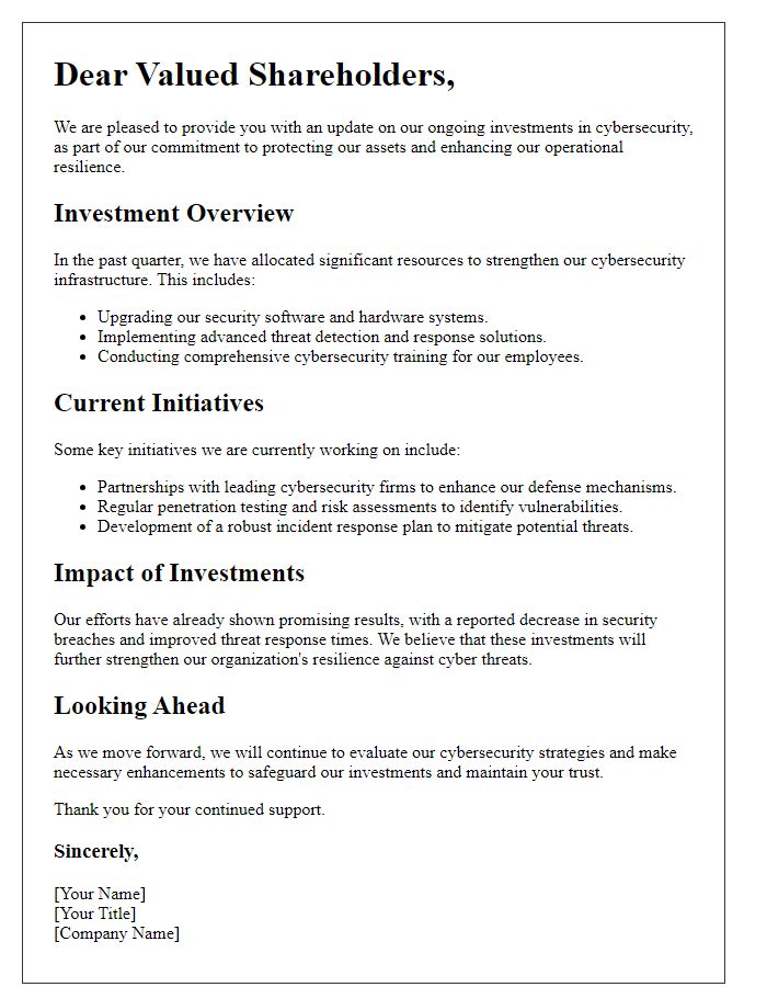 Letter template of cybersecurity investment update for our shareholders