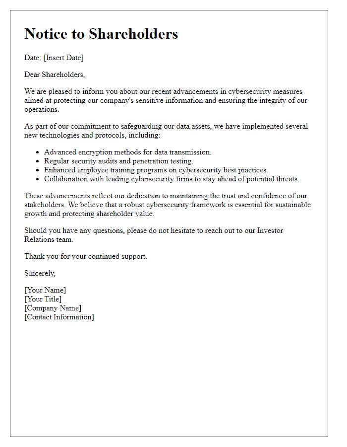 Letter template of shareholders notice regarding cybersecurity advancements