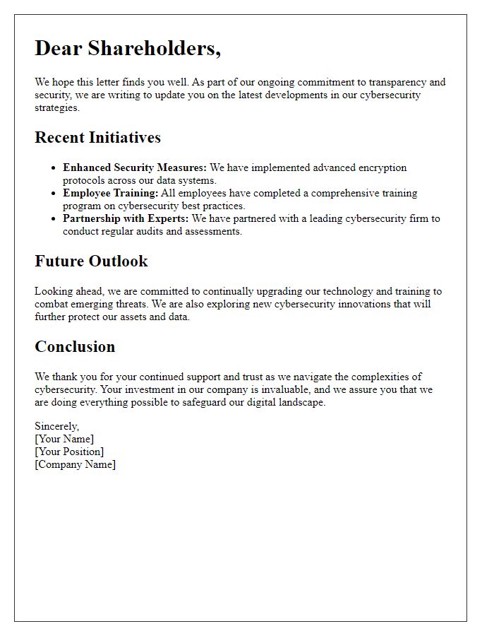 Letter template of update on cybersecurity strategies for shareholders