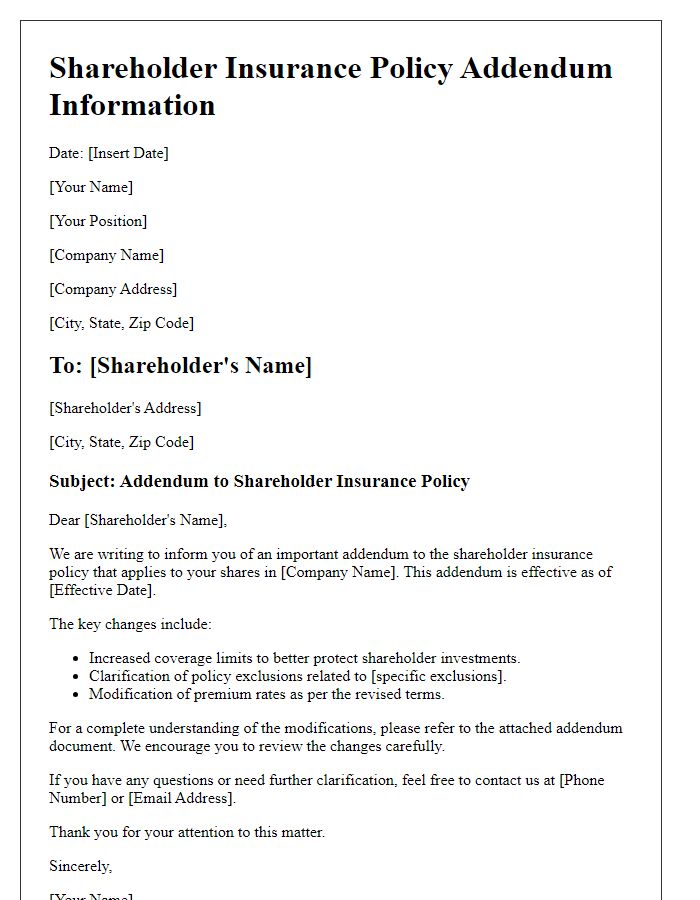 Letter template of shareholder insurance policy addendum information