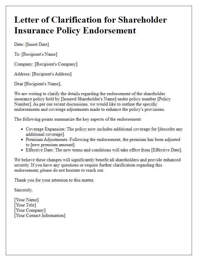 Letter template of shareholder insurance policy endorsement clarification