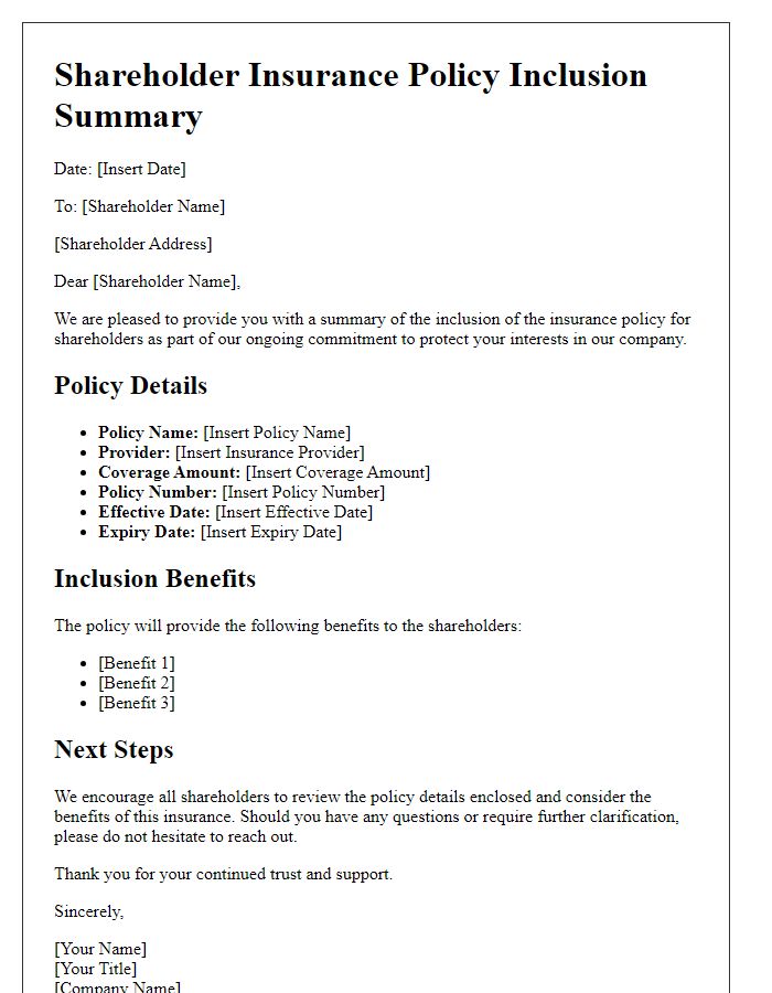 Letter template of shareholder insurance policy inclusion summary