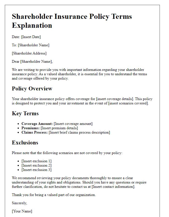 Letter template of shareholder insurance policy terms explanation