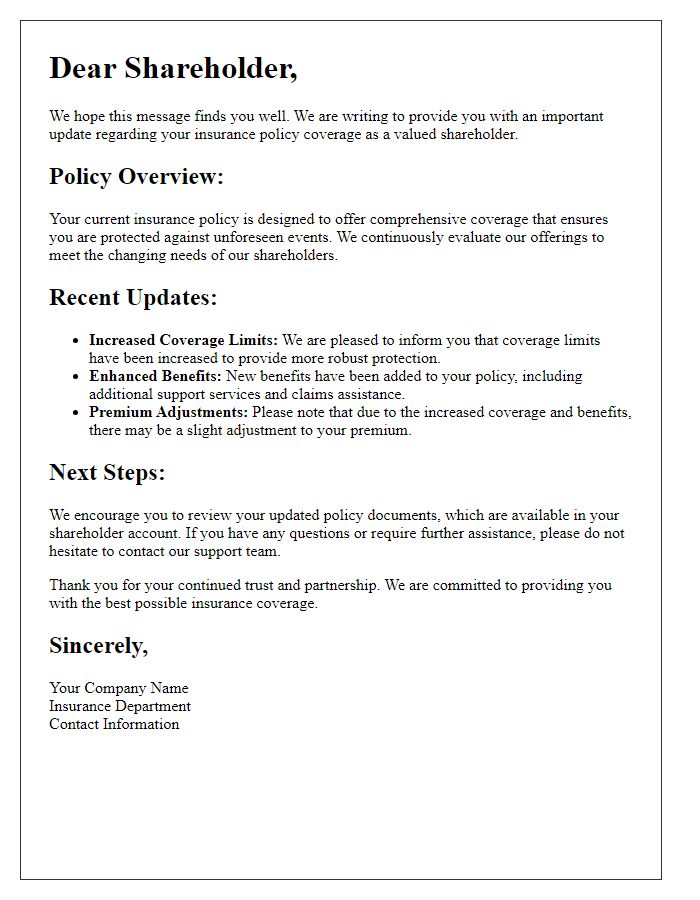 Letter template of updates on shareholder insurance policy coverage