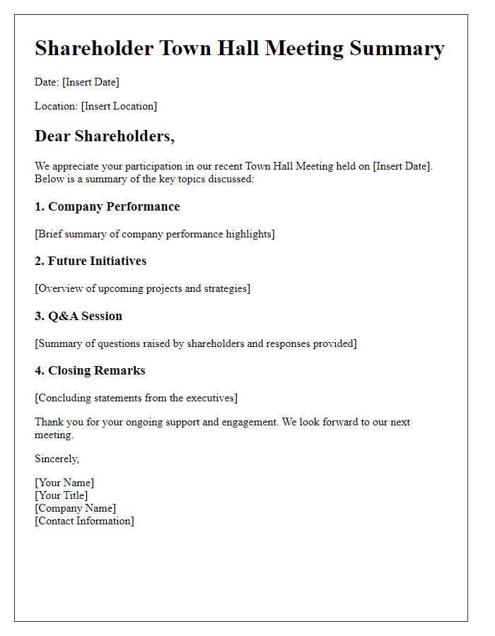 Letter template of Shareholder Town Hall Meeting Summary