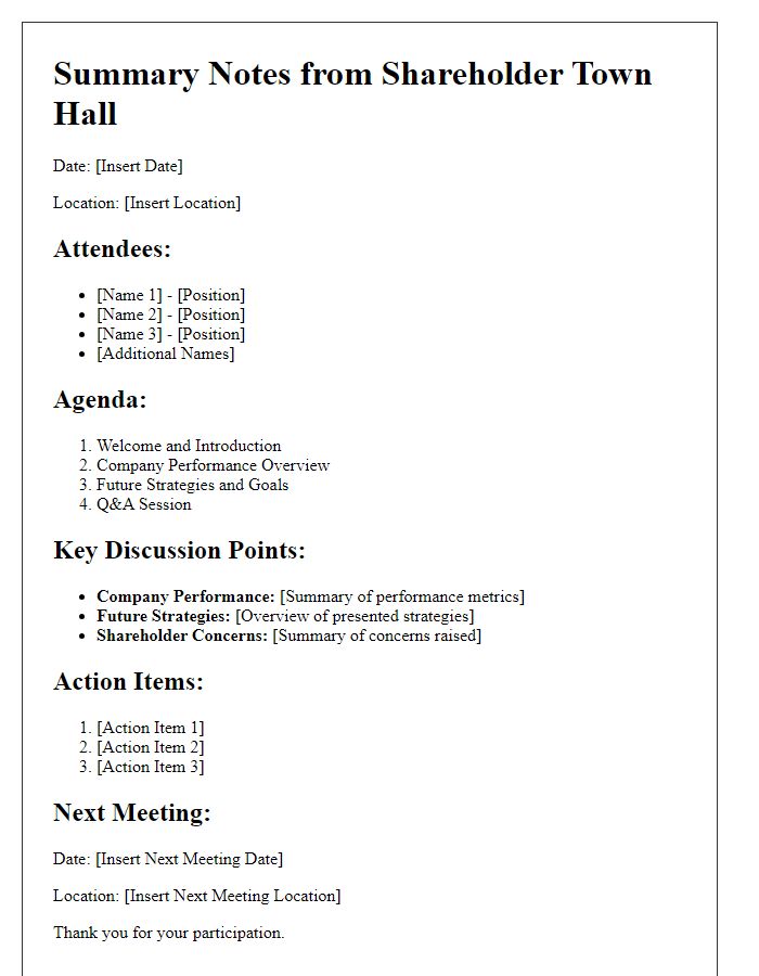 Letter template of Summary Notes from Shareholder Town Hall