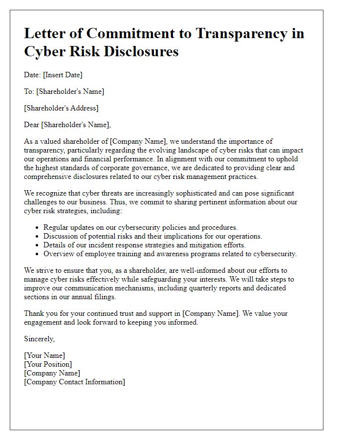 Letter template of commitment to transparency in cyber risk disclosures for shareholders