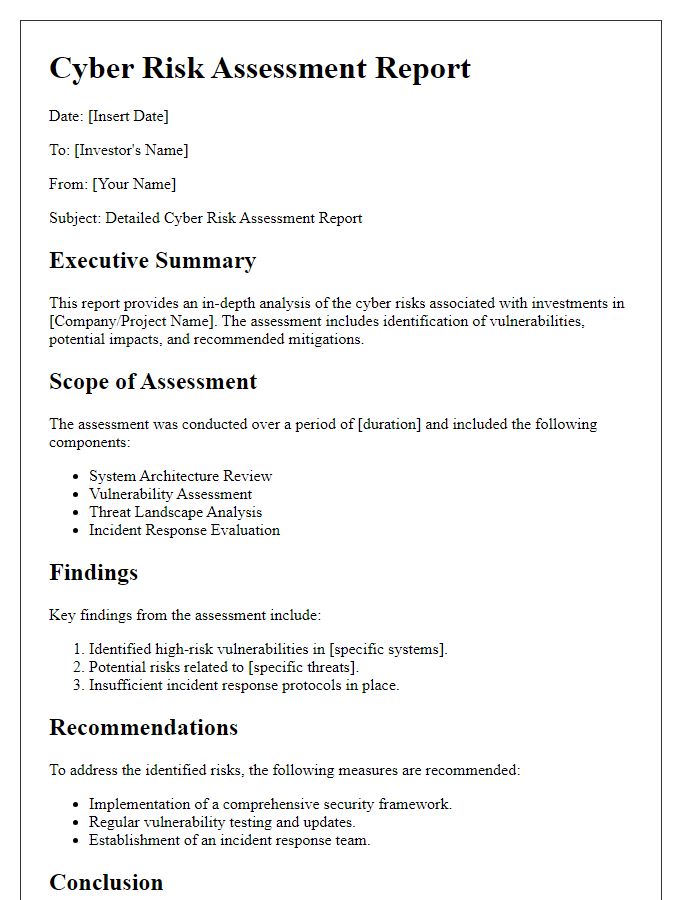 Letter template of detailed report on cyber risk assessments for investors