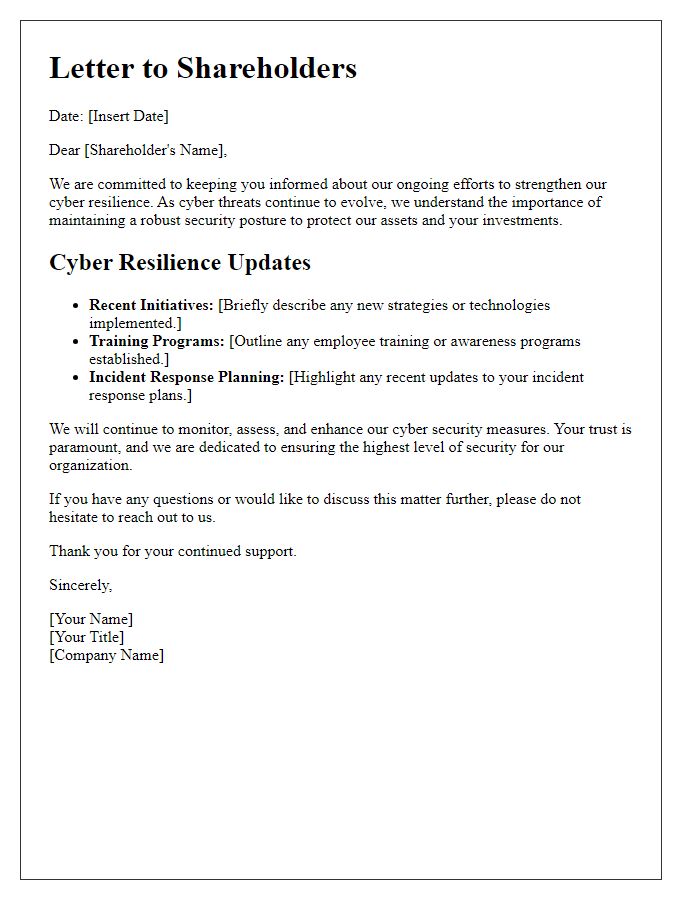 Letter template of engagement with shareholders on cyber resilience updates