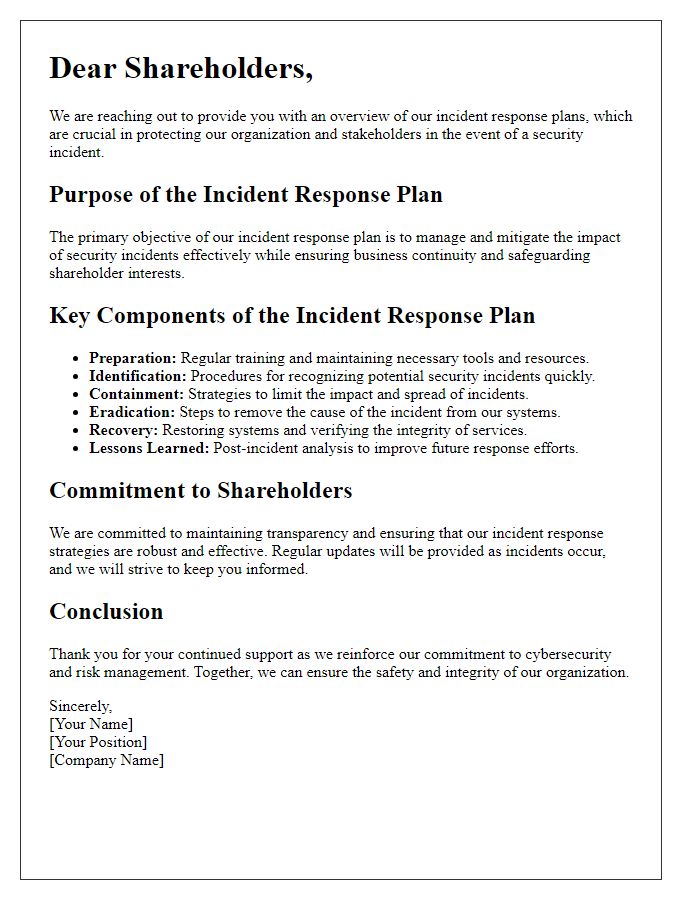 Letter template of overview on incident response plans for shareholder awareness