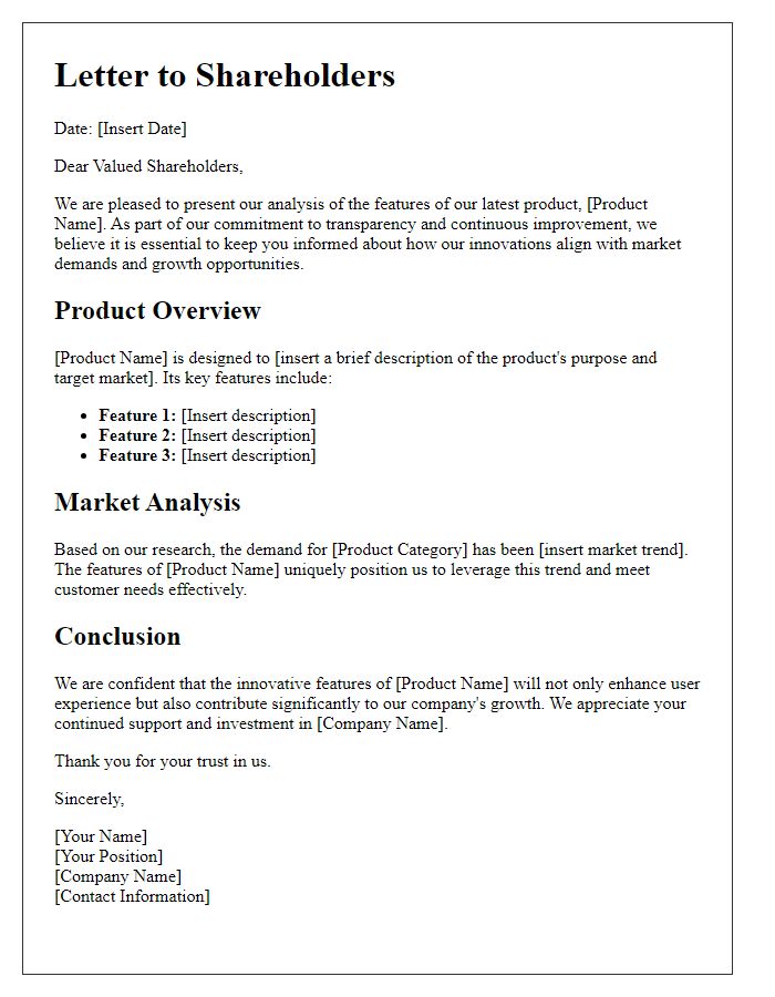 Letter template of shareholder analysis on product features