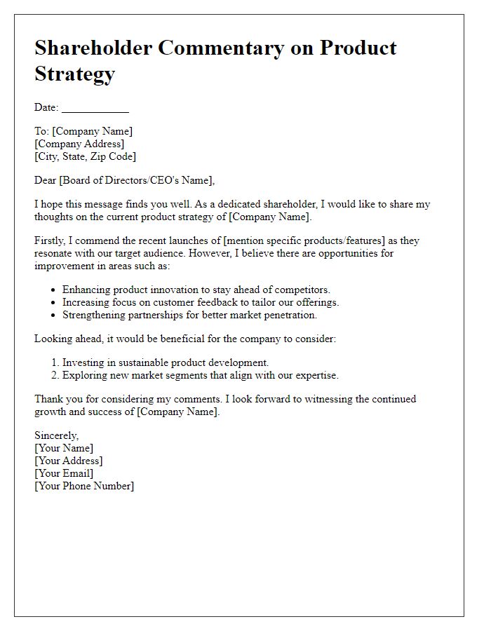 Letter template of shareholder commentary on product strategy