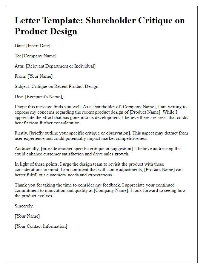 Letter template of shareholder critique on product design