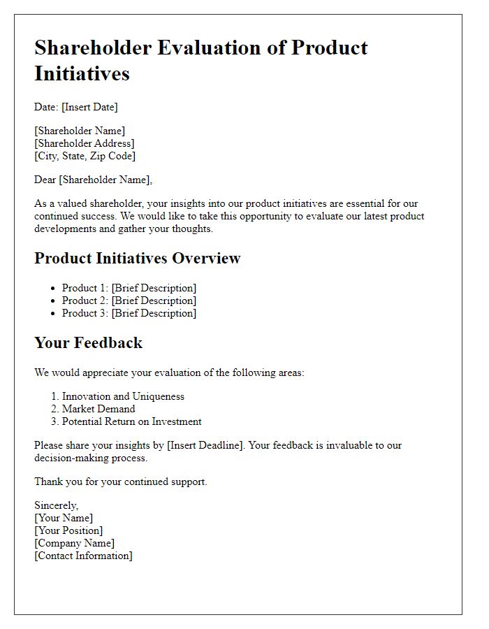 Letter template of shareholder evaluation of product initiatives