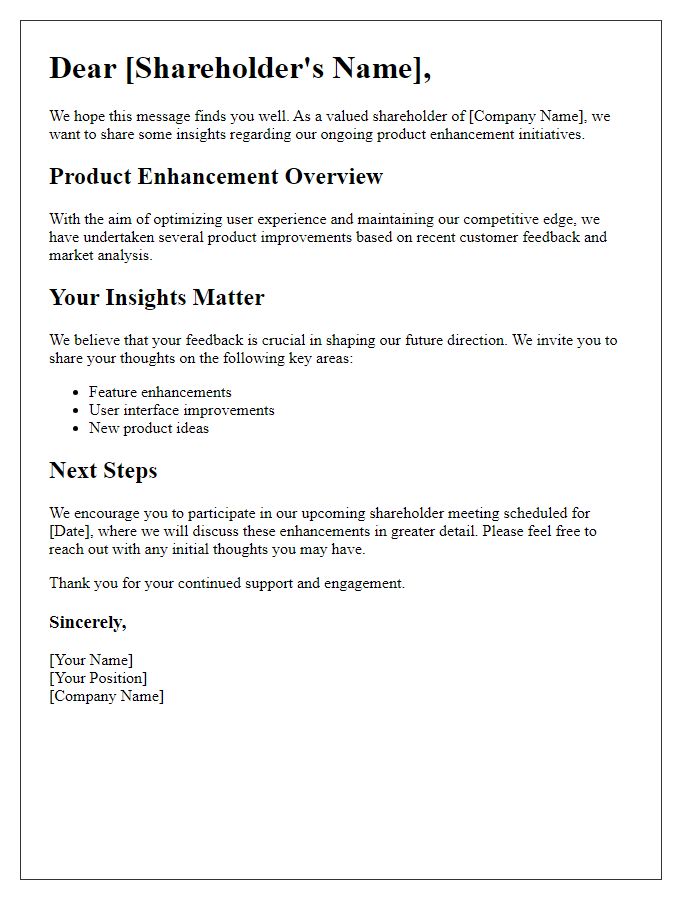 Letter template of shareholder insights on product enhancement