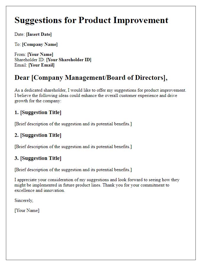 Letter template of shareholder suggestions for product improvement