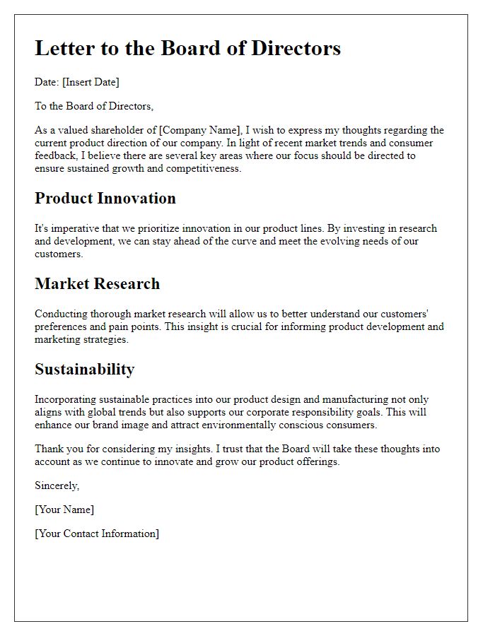 Letter template of shareholder thoughts on product direction