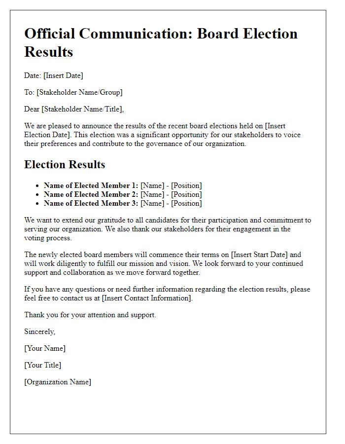 Letter template of official communication on board election results for stakeholders