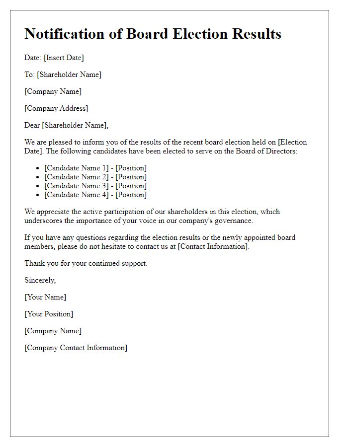 Letter template of results notification for board election to shareholders