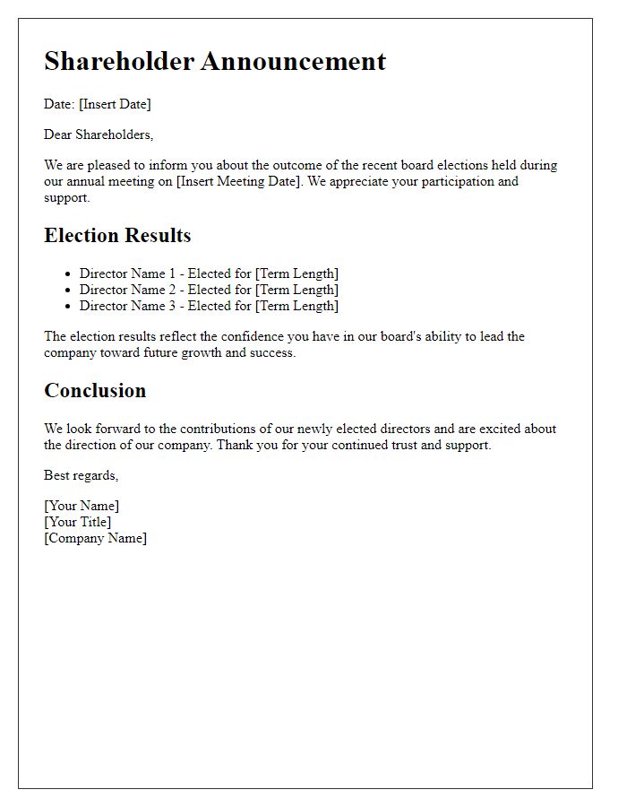 Letter template of shareholder announcement regarding board election outcomes