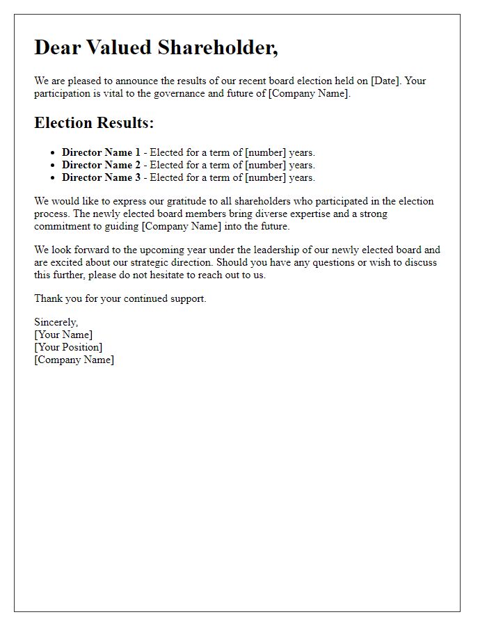 Letter template of shareholder letter detailing results of the board election