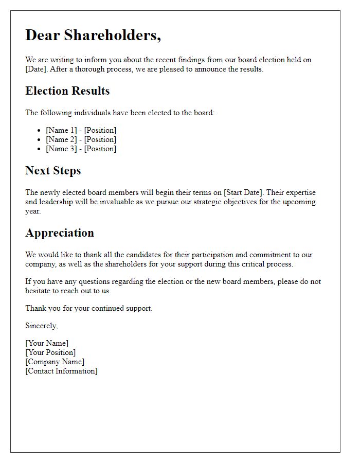 Letter template of shareholder update on recent board election findings