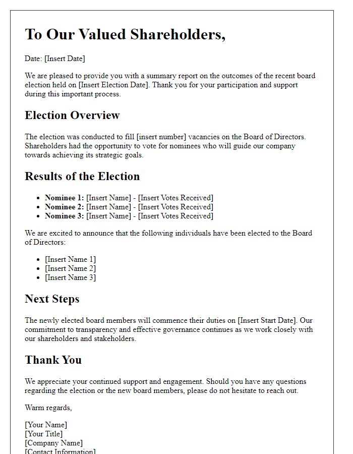 Letter template of summary report on board election outcomes for shareholders