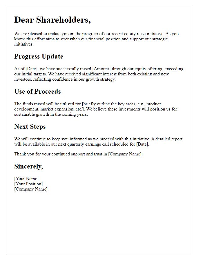 Letter template of communication to shareholders about equity raise progress