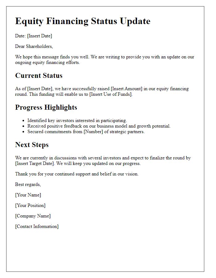 Letter template of equity financing status update for shareholders