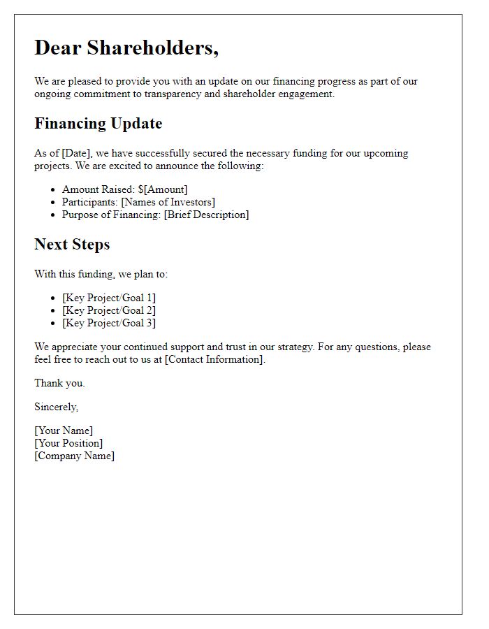 Letter template of information release to shareholders on financing progress