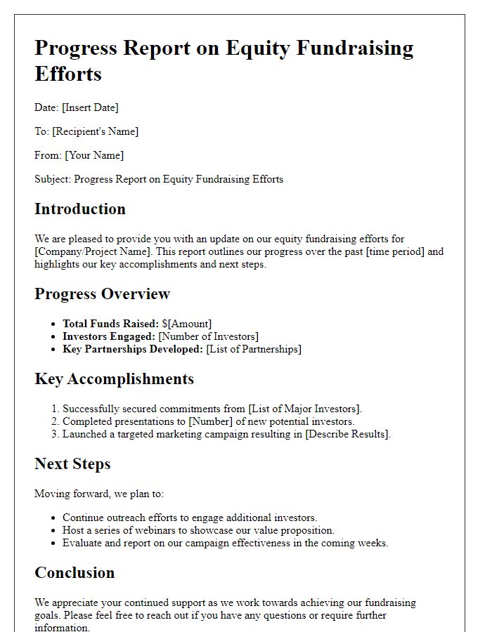 Letter template of progress report on equity fundraising efforts