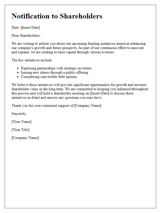 Letter template of shareholder notification regarding funding initiatives