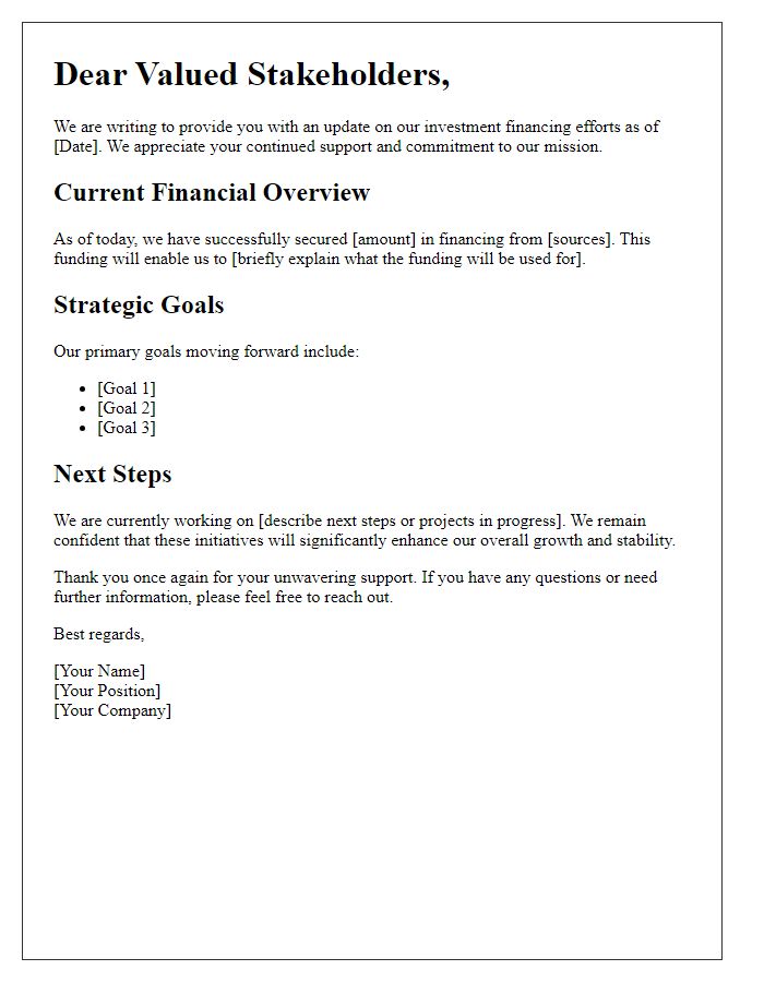 Letter template of update for stakeholders on investment financing